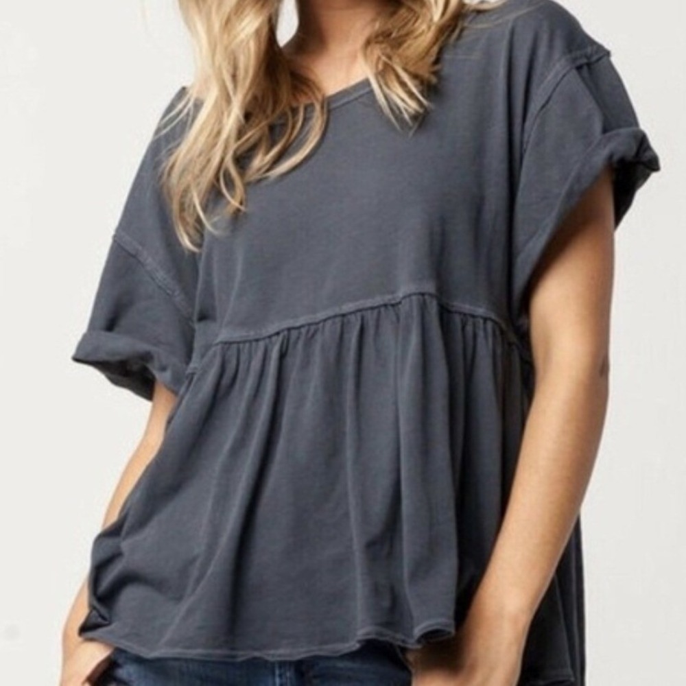 Free People Odyssey Tee Gray Babydoll Peplum Top Medium